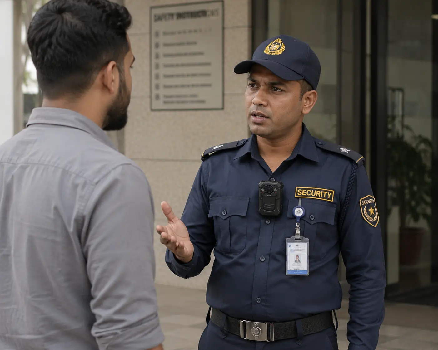 Security guard verifying identity and recording voice interaction with a visitor using body camera