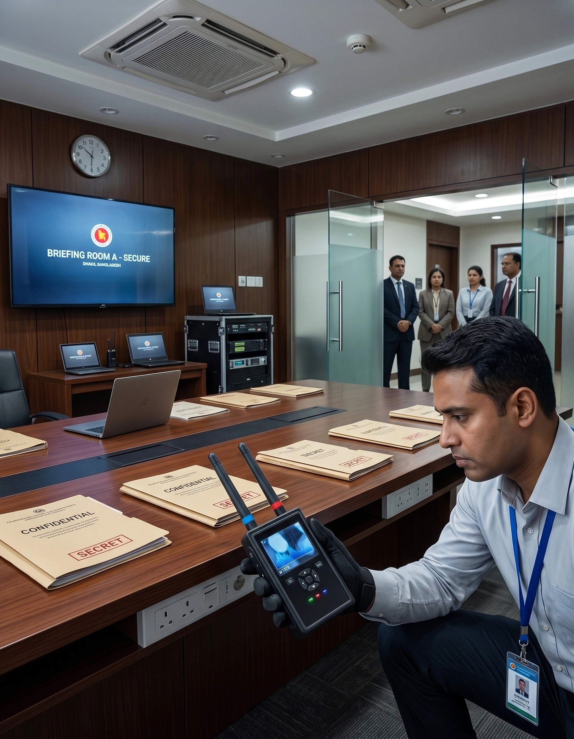 Security specialist checking a corporate briefing room for hidden wireless bugs before a high-profile confidential meeting.