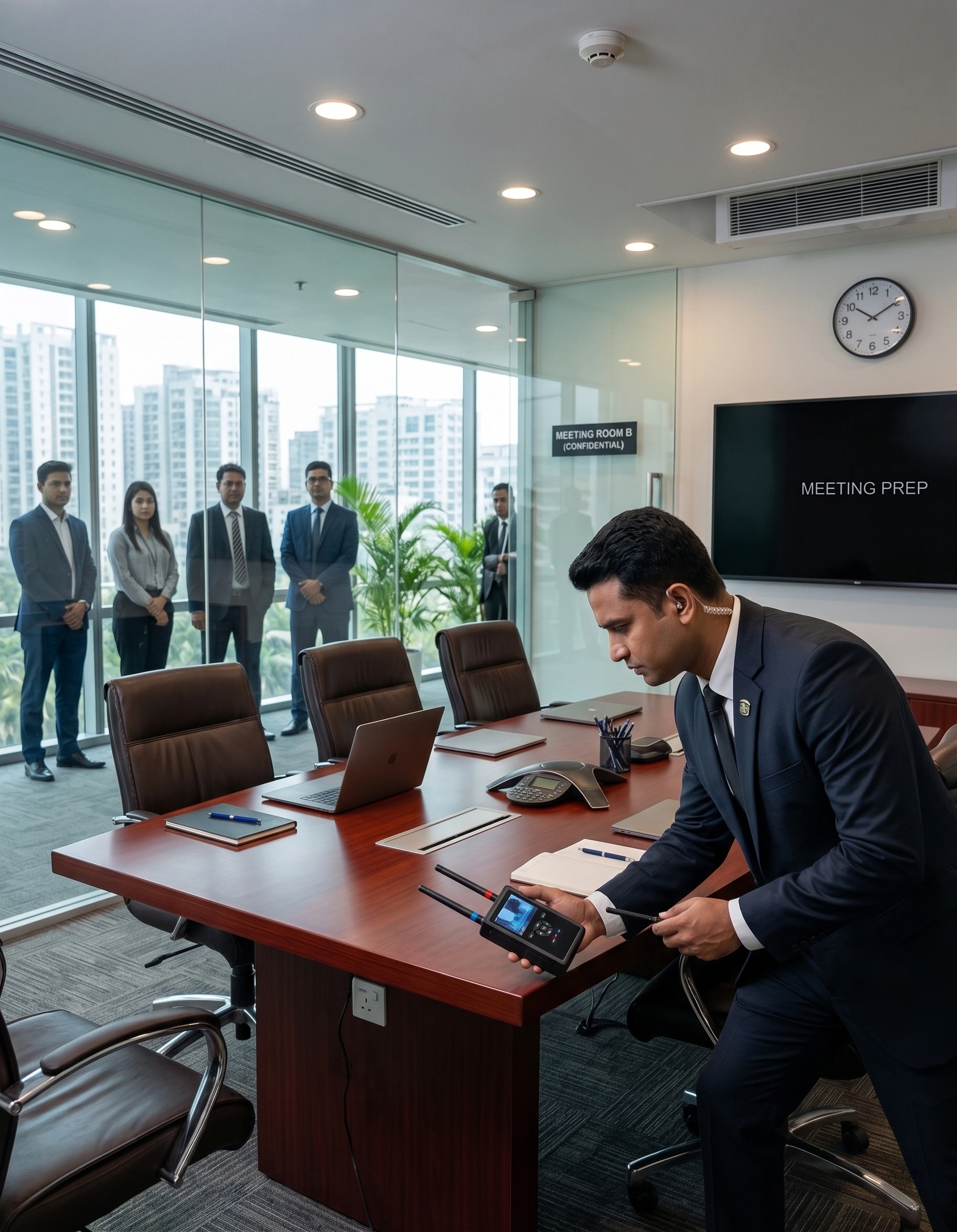 Privacy expert scanning a conference table with an anti-spy bug detector to protect top business secrets from data leaks.