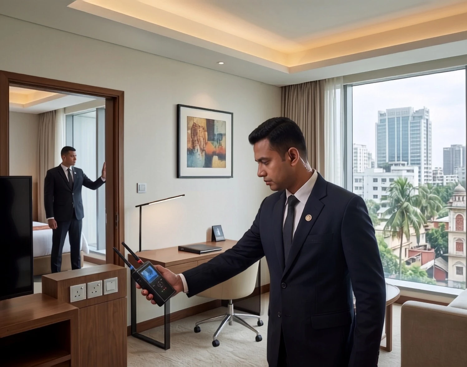 Security personnel conducting a complete anti-espionage sweep in a modern executive office cabin using an advanced RF detector.