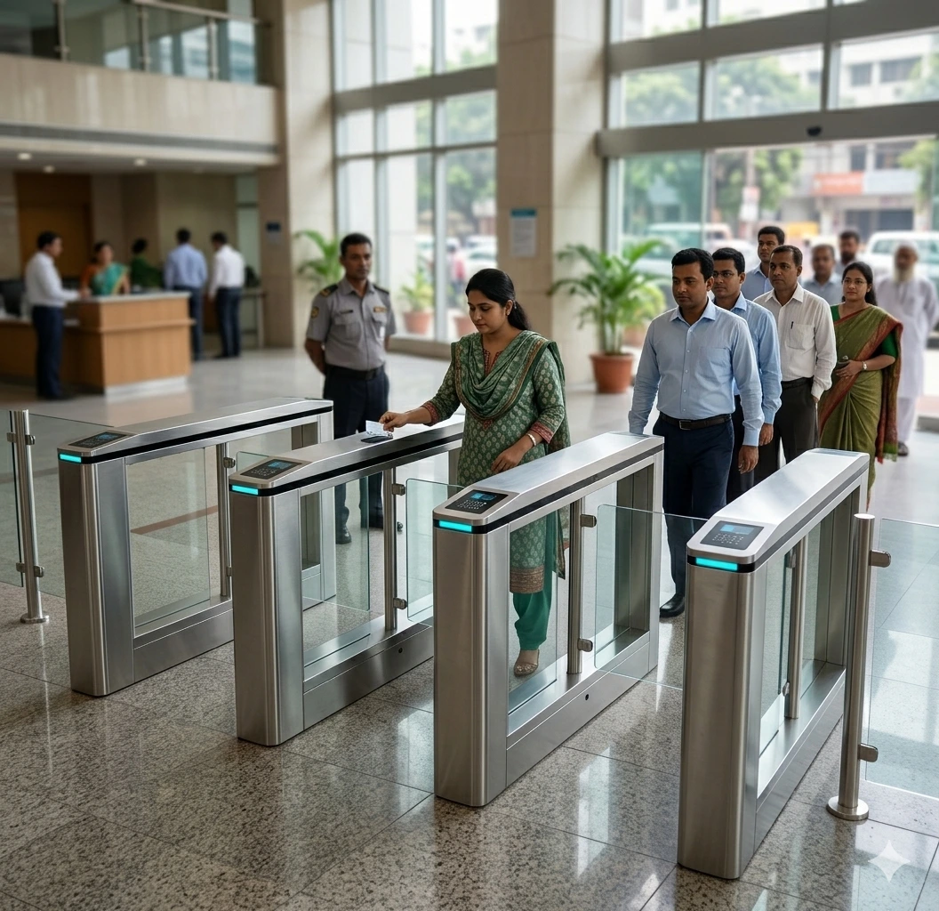 A modern corporate office building lobby with employees passing through an automatic turnstile gate for pedestrian access using smart cards