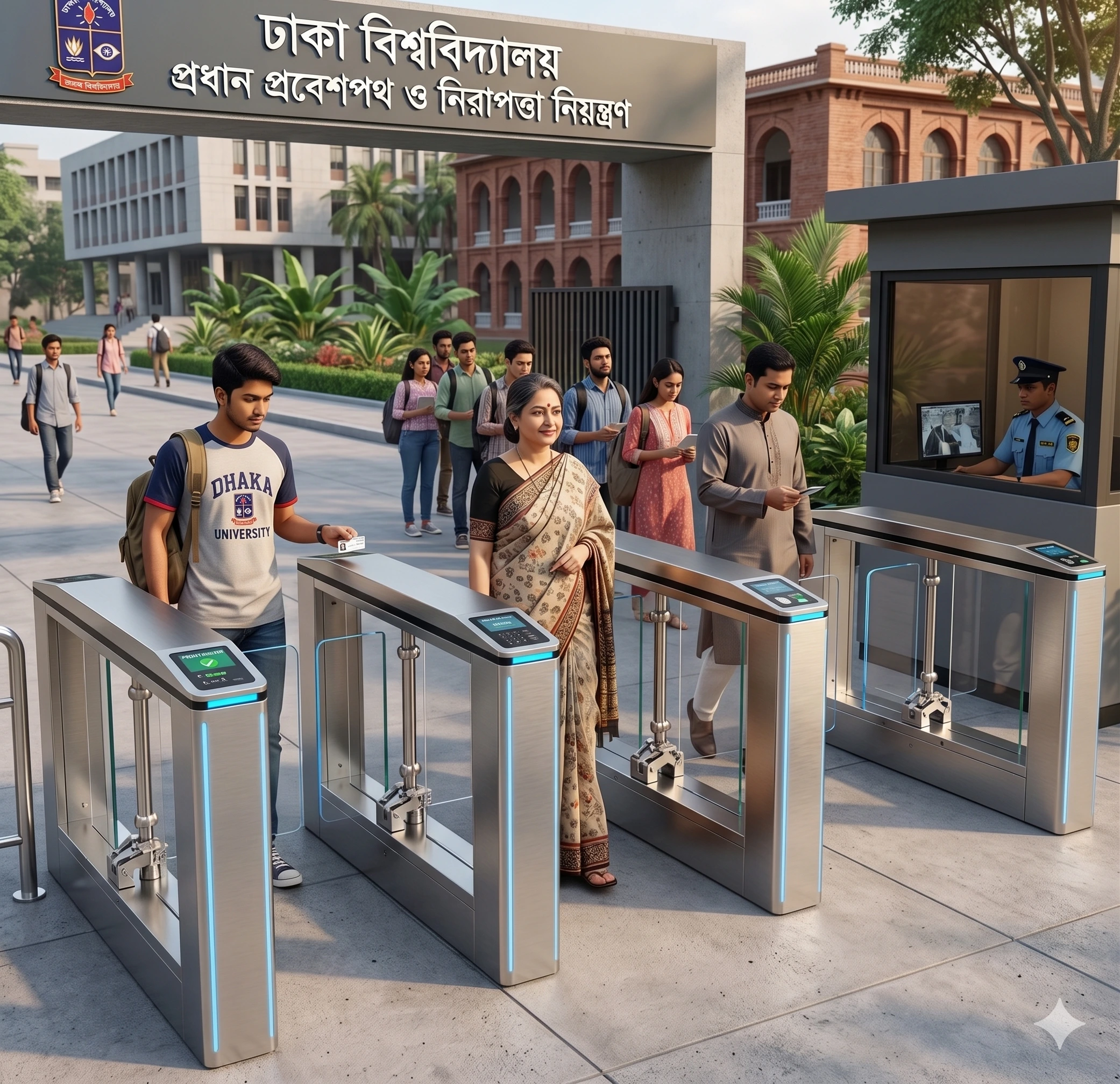 An outdoor automatic turnstile gate for pedestrian access installed at a university entrance checkpoint checking student ID cards