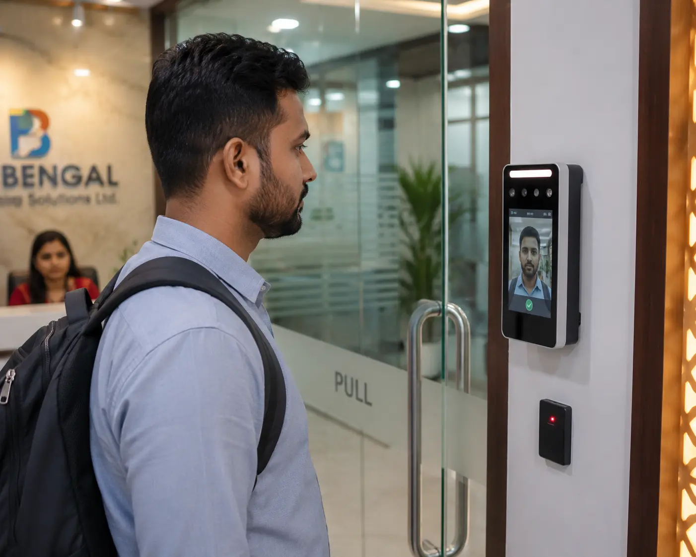 An employee verifying identity at a corporate office glass door using a biometric face recognition system