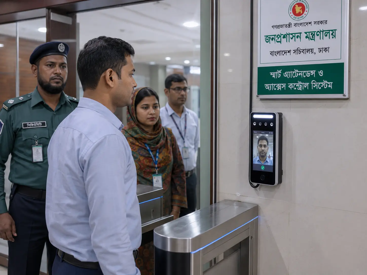People entering a government ministry office through automated turnstiles linked with face recognition security