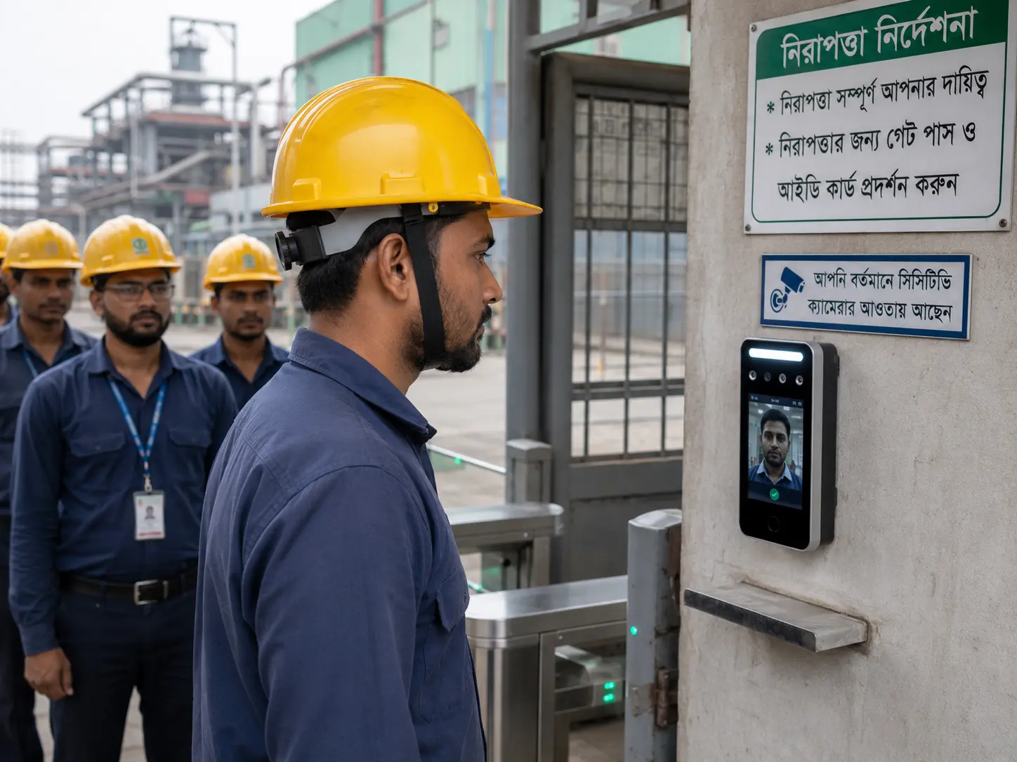 Tracks worker shifts and coordinates mass entry or exit safely through industrial turnstile gates, even when personnel are wearing safety helmets.