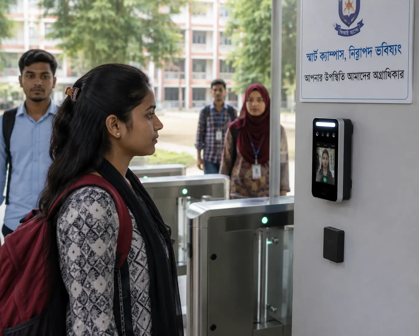 Students entering a university campus gate after successful verification by a face recognition access system
