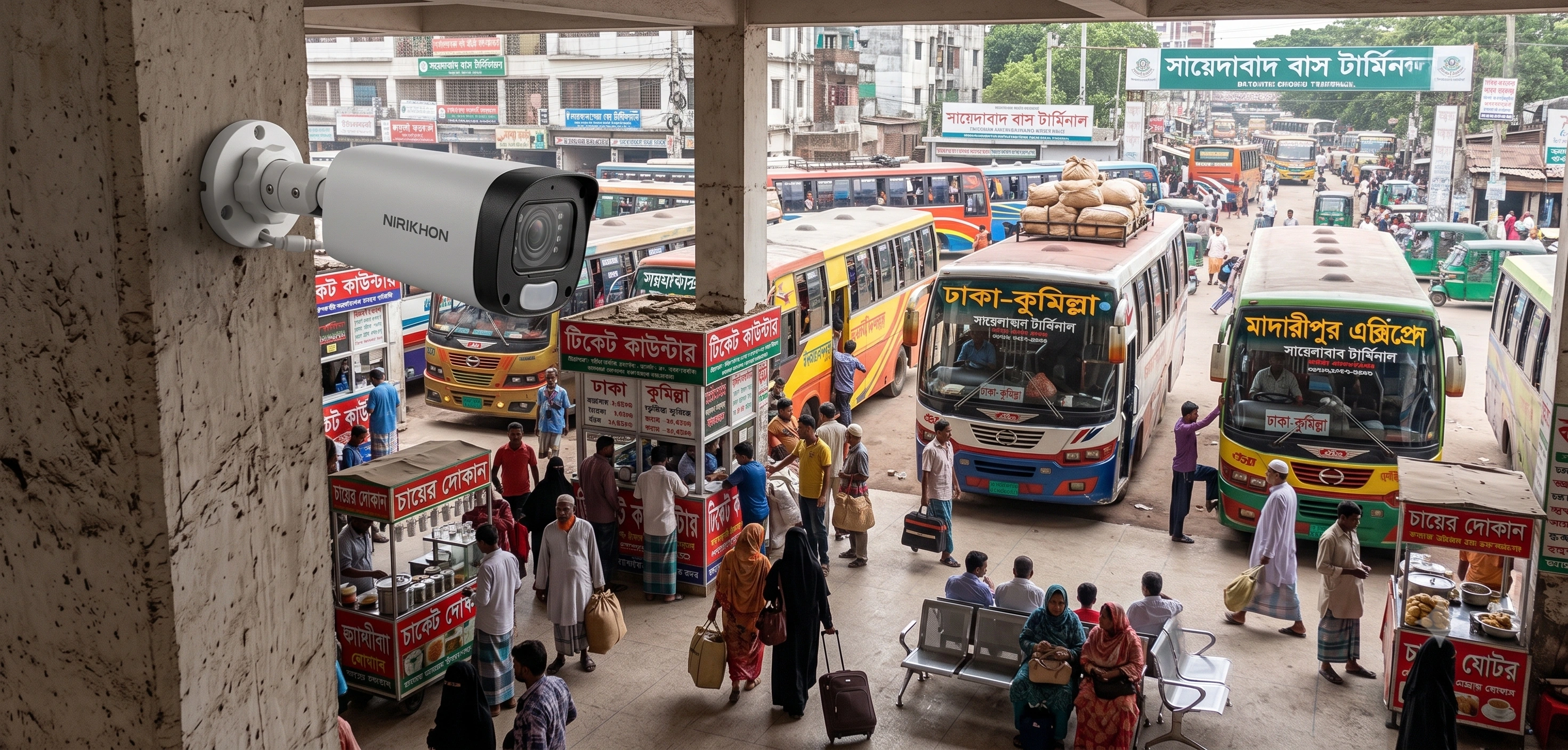 An 8MP bullet security camera tracking crowds and bus ticket counters at Sayedabad bus terminal for public safety