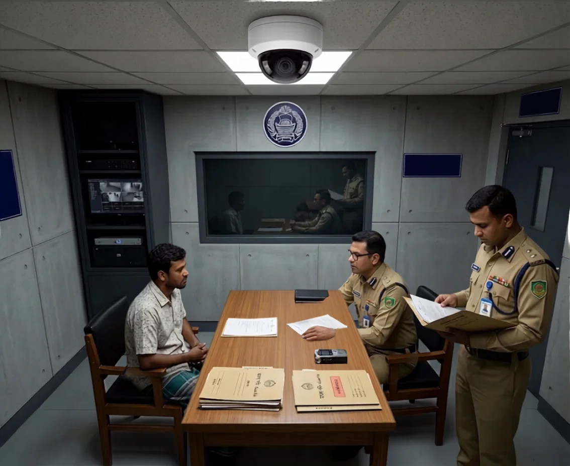 A ceiling-mounted 5MP IP dome camera monitoring police officers and a suspect inside an interrogation room
