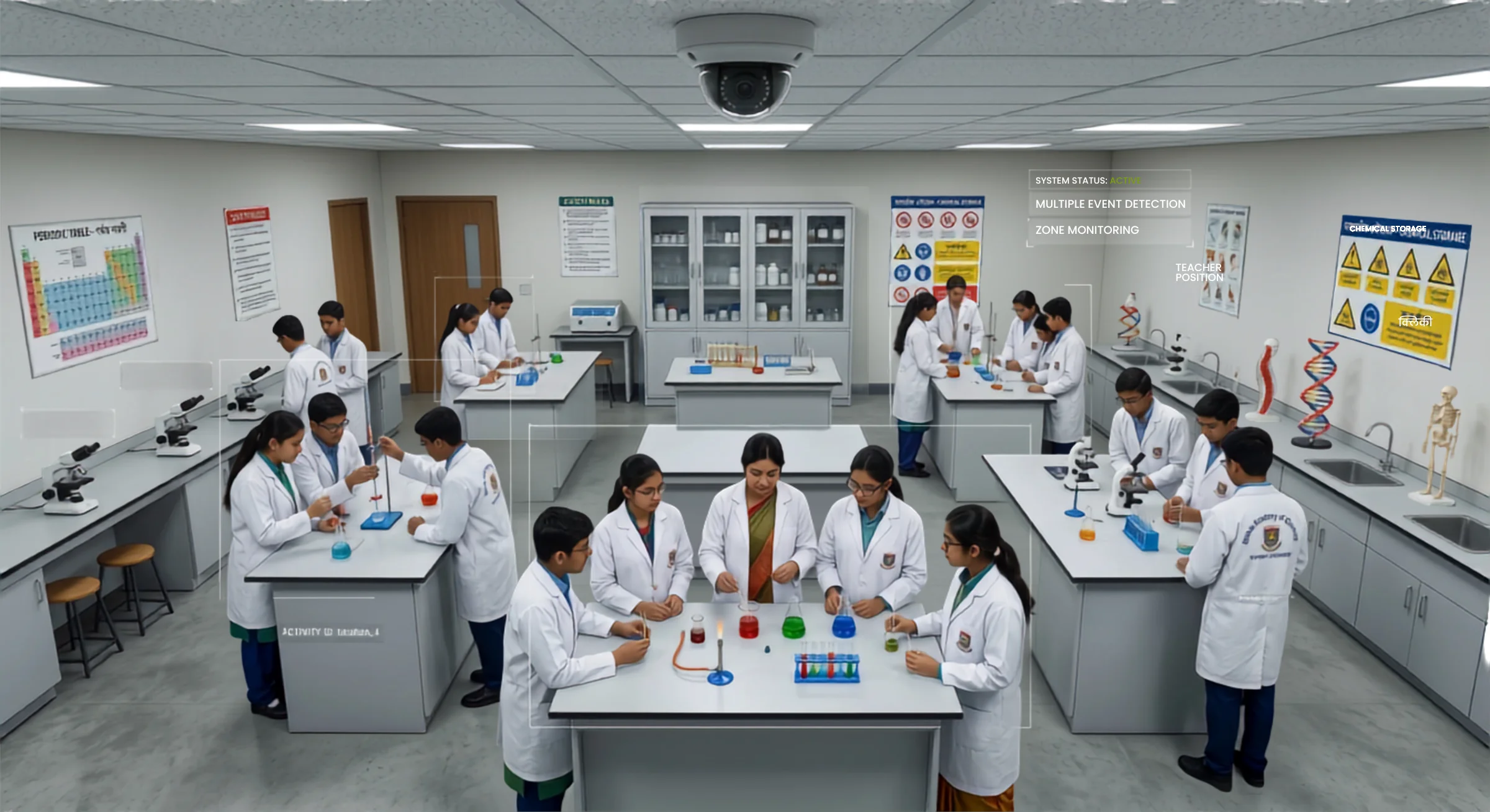 A 5MP IP dome camera monitoring students performing experiments inside a science laboratory room