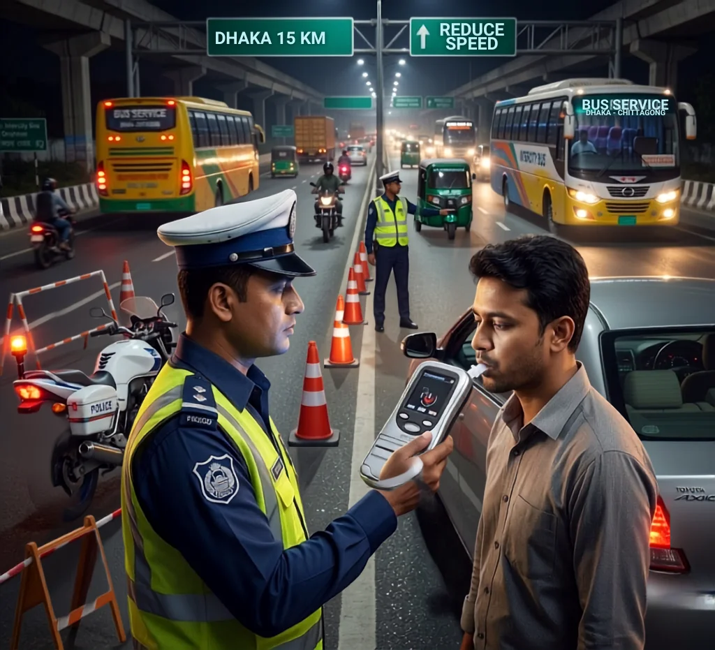 A Bangladesh traffic police officer testing a car driver with a digital alcohol breathalyzer machine on a busy highway at night.