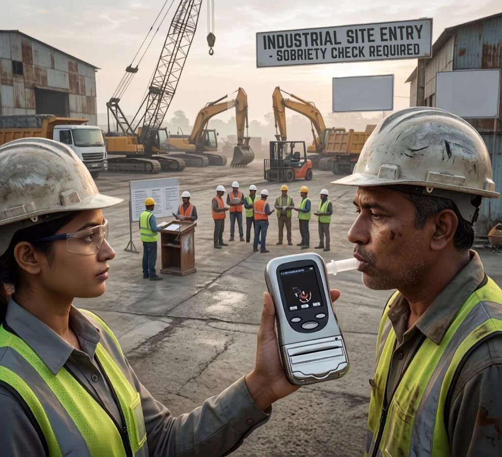 A safety supervisor checking a construction worker with a digital alcohol breathalyzer machine at an industrial site entry point.