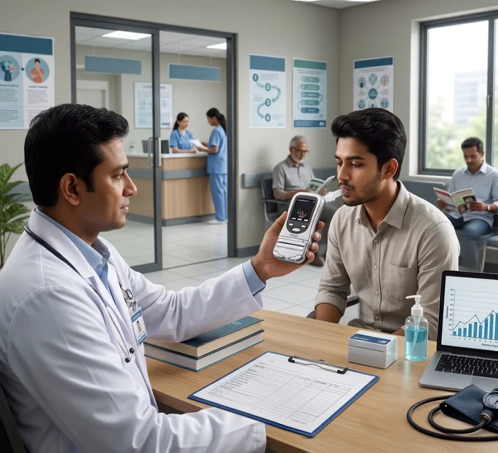 A doctor in a white coat using a digital alcohol breathalyzer machine to test a young man inside a hospital clinic room.