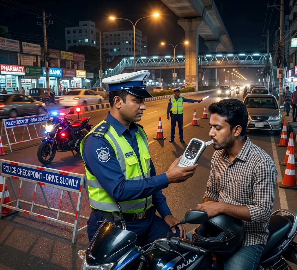 Highway police testing a motorcycle rider at a city street checkpoint using a portable digital alcohol breathalyzer machine.