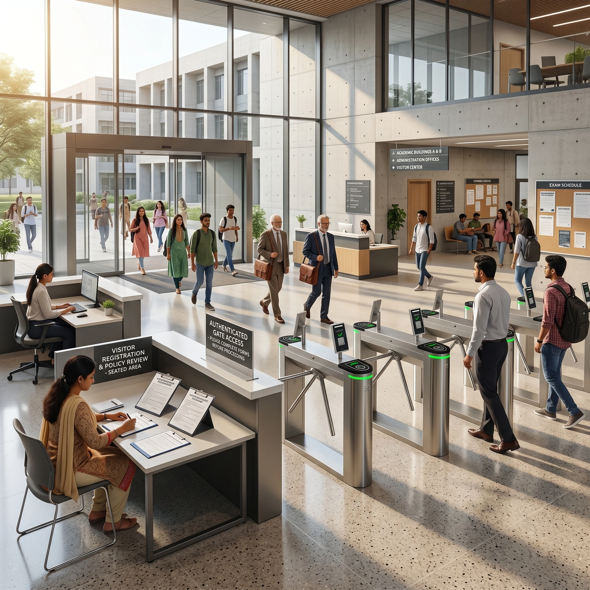 Students and visitors walking through automated pedestrian access gates next to a registration desk inside a university campus lobby.