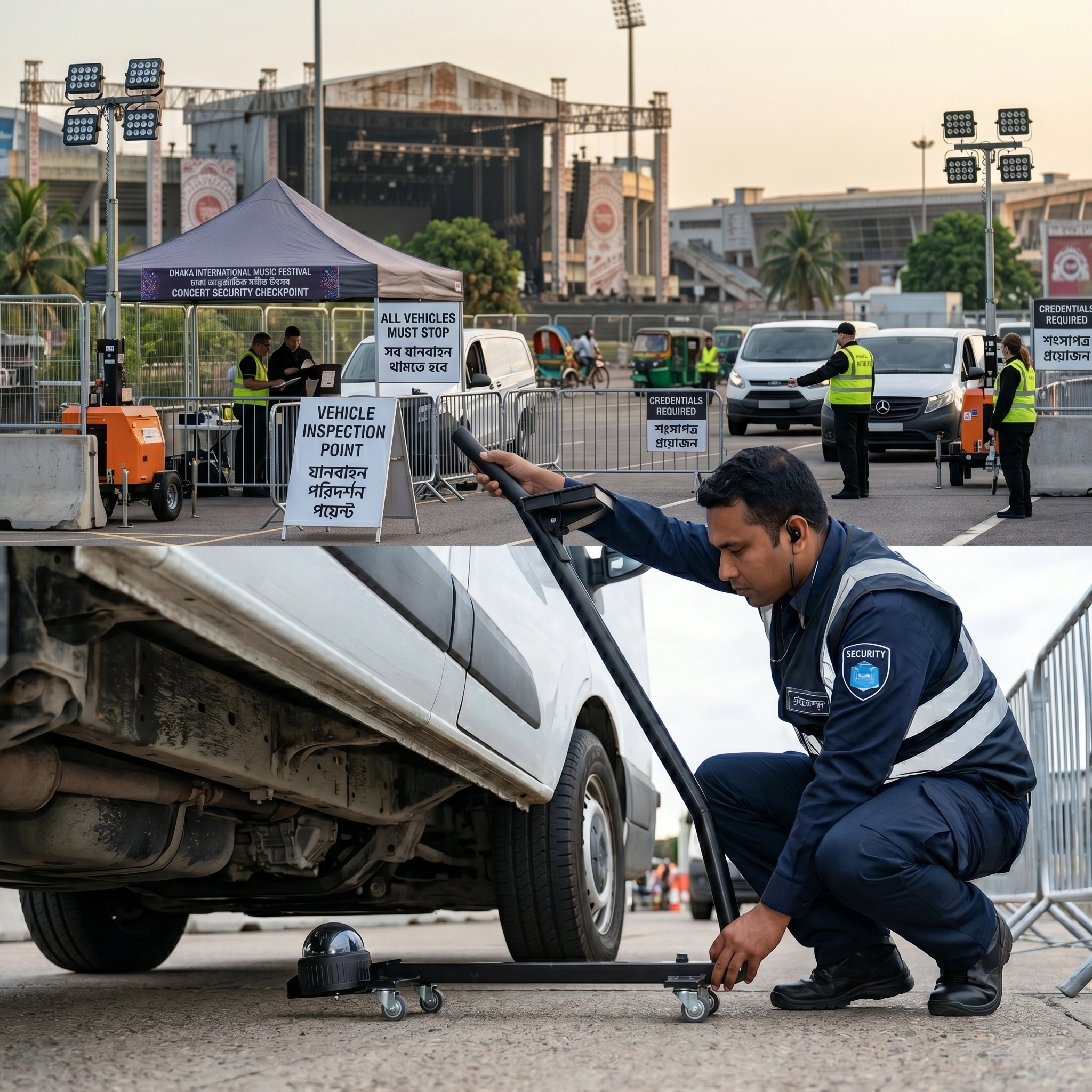 Security personnel using a wheeled handheld vehicle scanner under a white van at a temporary festival checkpoint.