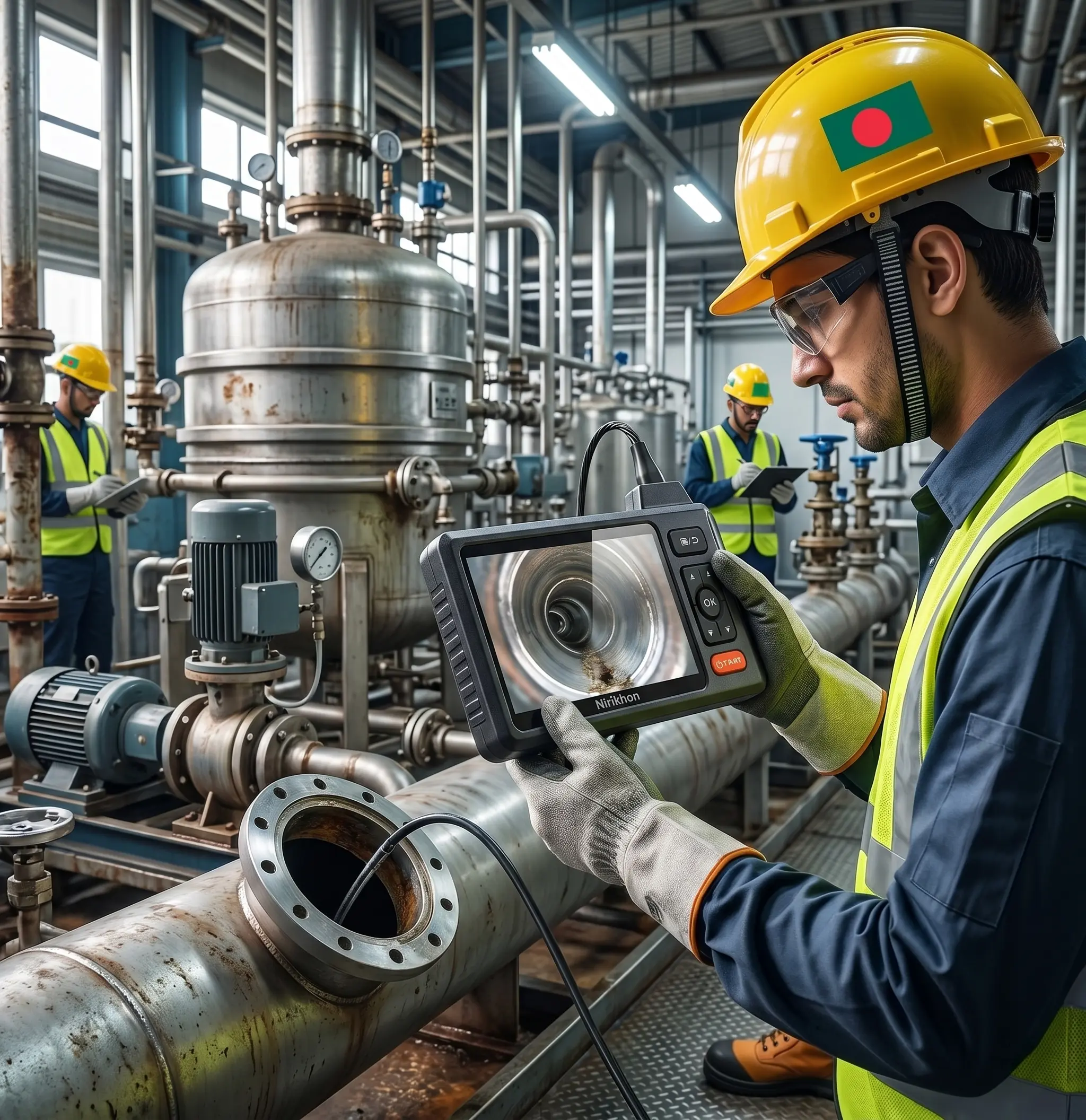An engineer uses the Nirikhon HD pipe inspection camera to check for blockages and cracks inside a large metal pipeline at a manufacturing factory.