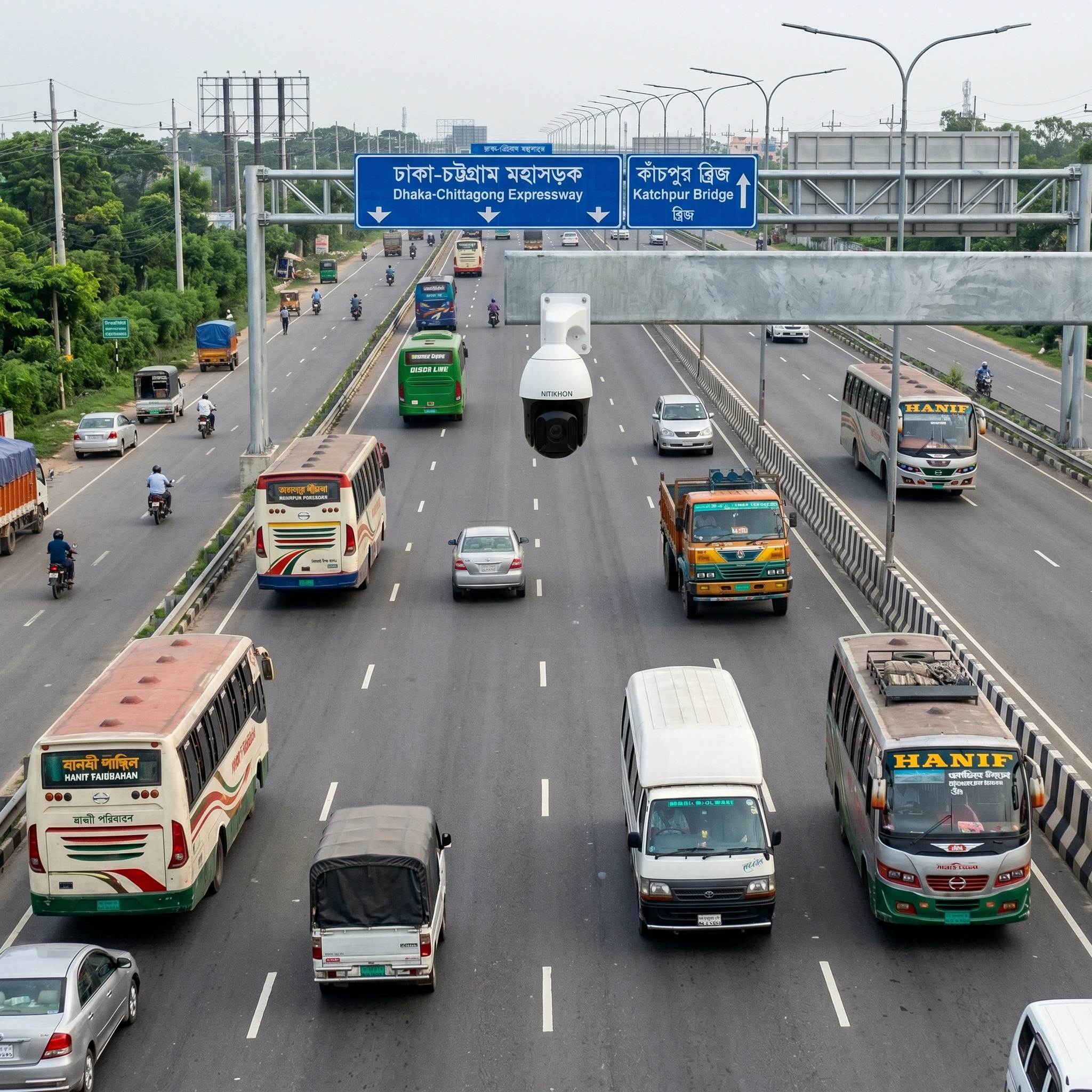 Nirikhon AI surveillance camera tracking vehicle speed and license plates on Dhaka-Chittagong Expressway.