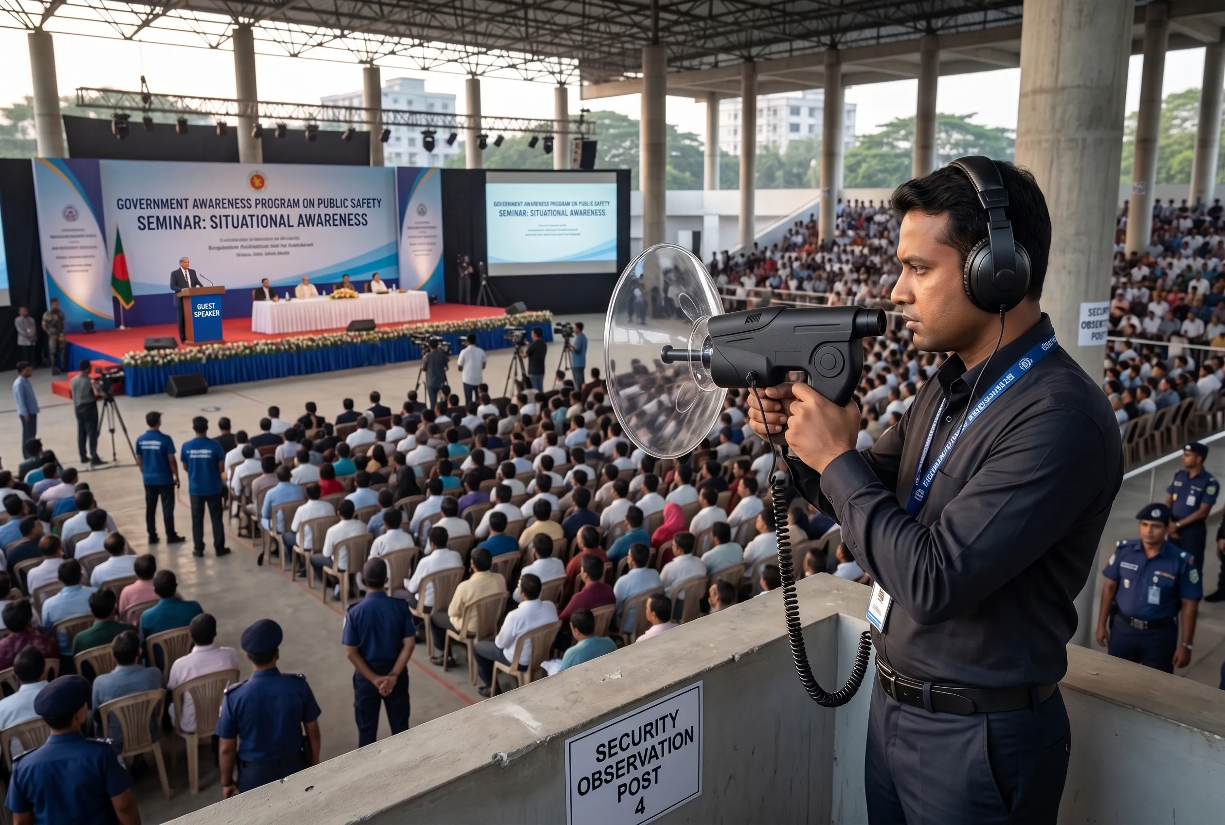 Parabolic Microphone Bangladesh used at security observation post during a government seminar program.