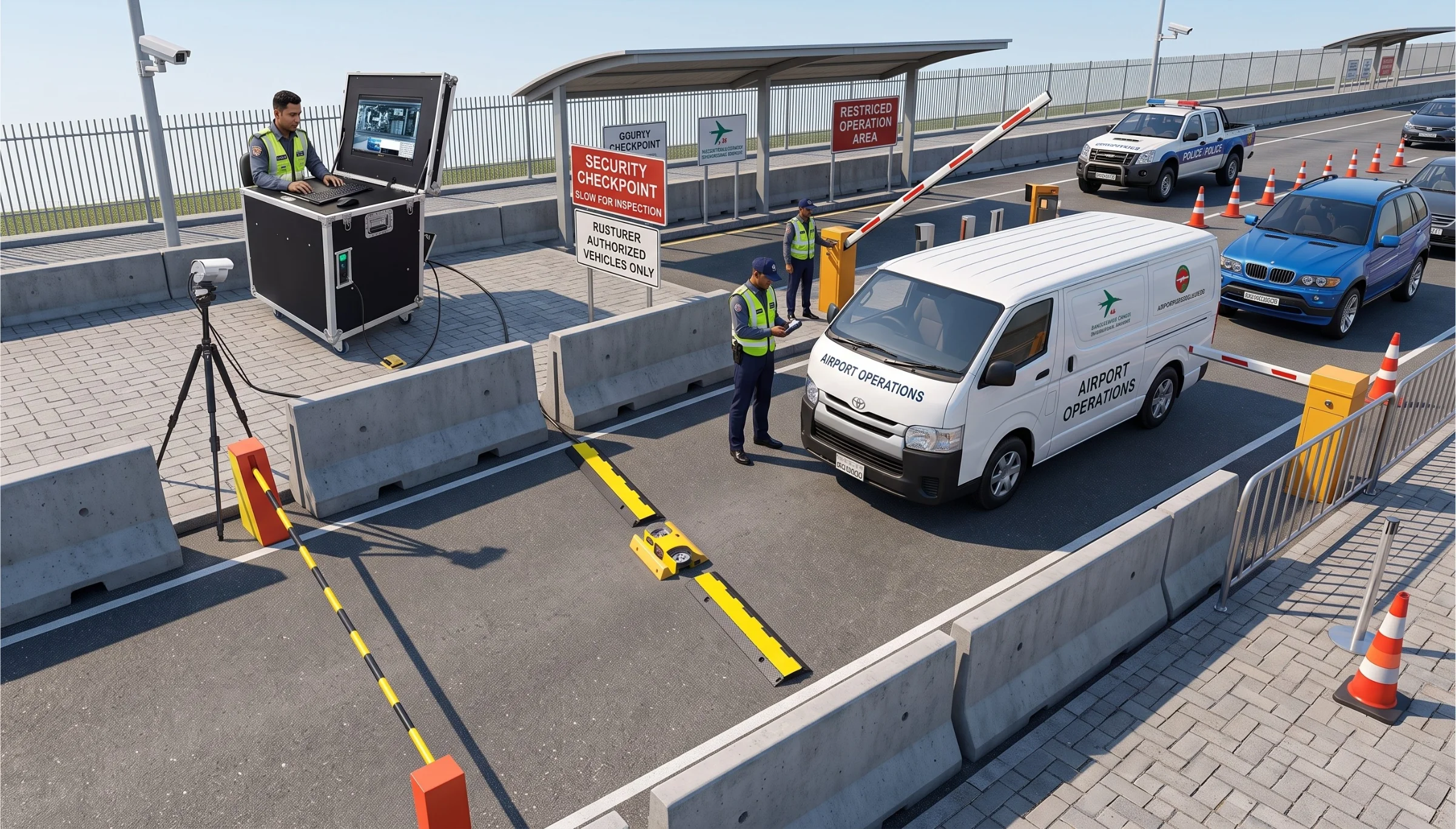 An airport operations van driving over a yellow portable under vehicle inspection scanner ramp at a secure airport checkpoint.