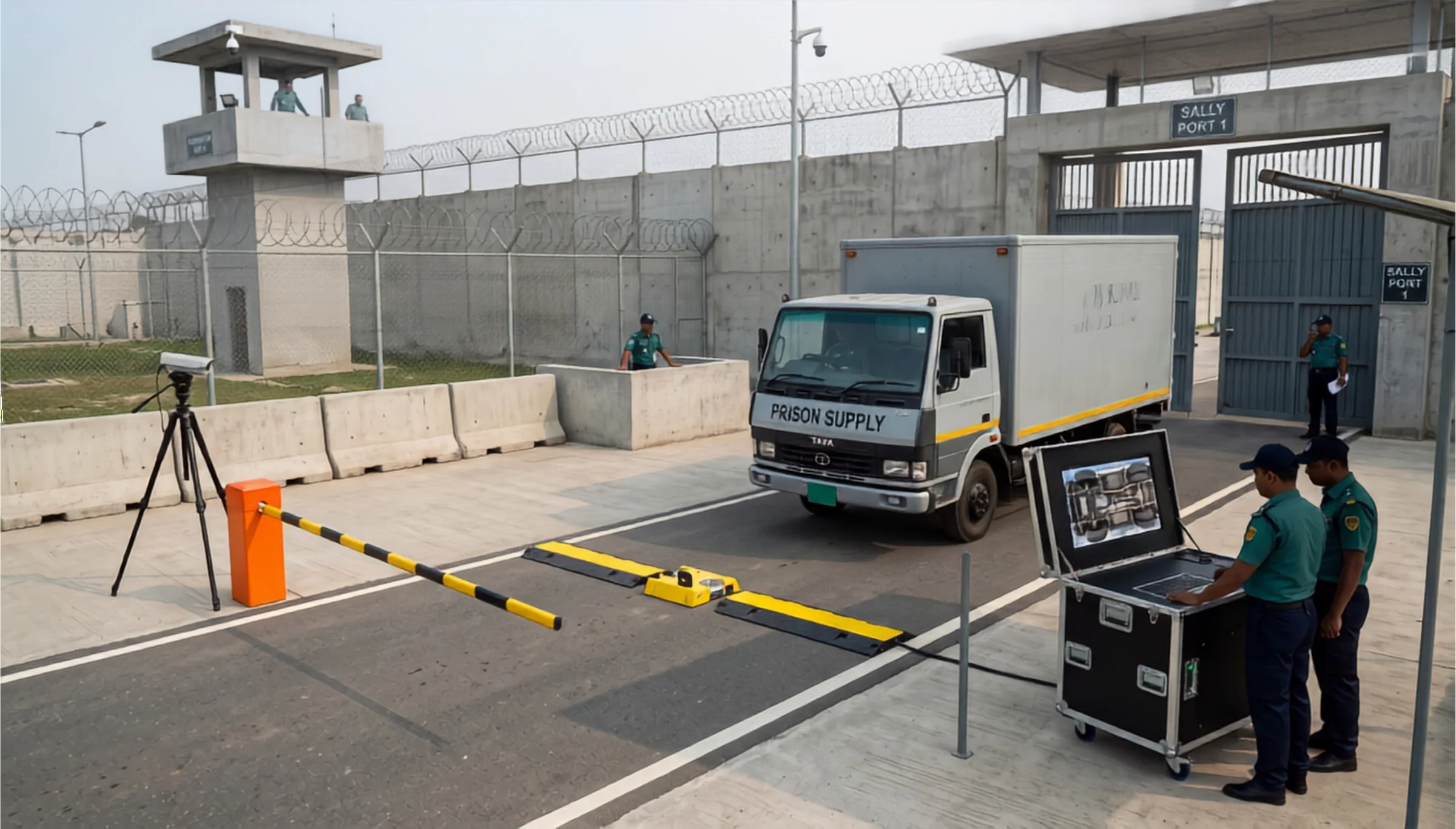 Security officers monitoring a live chassis scan of a supply truck using a portable control console and UVSS scanner ramp at a prison checkpoint.