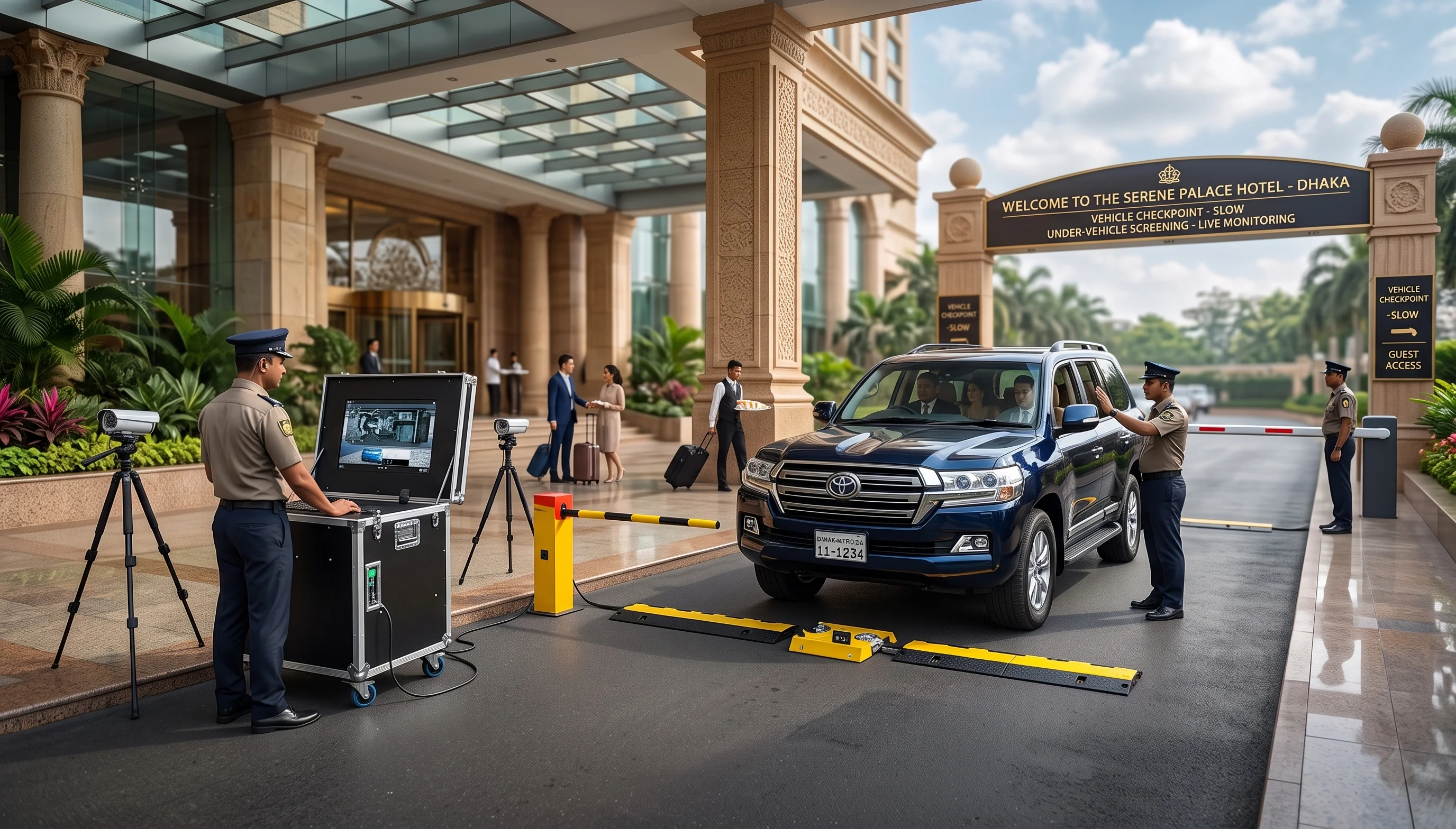 A blue SUV being checked by a portable under vehicle scanner unit managed by security guards at a premium hotel entrance in Dhaka.
